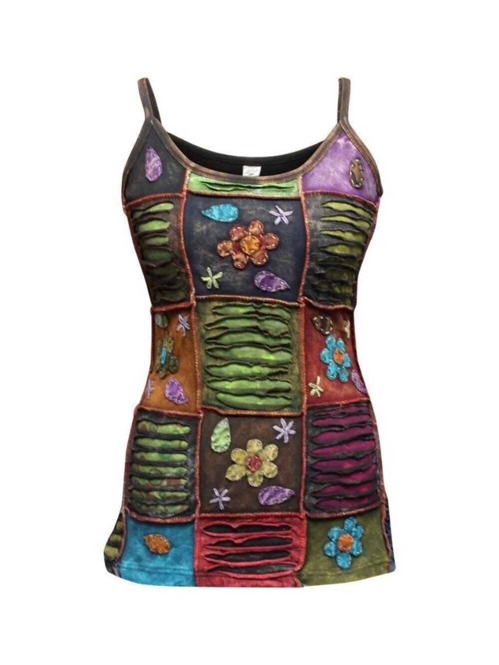 Flower Embroidered Women Waist Length Festival Stonewashed Hippy Cotton Tank Top